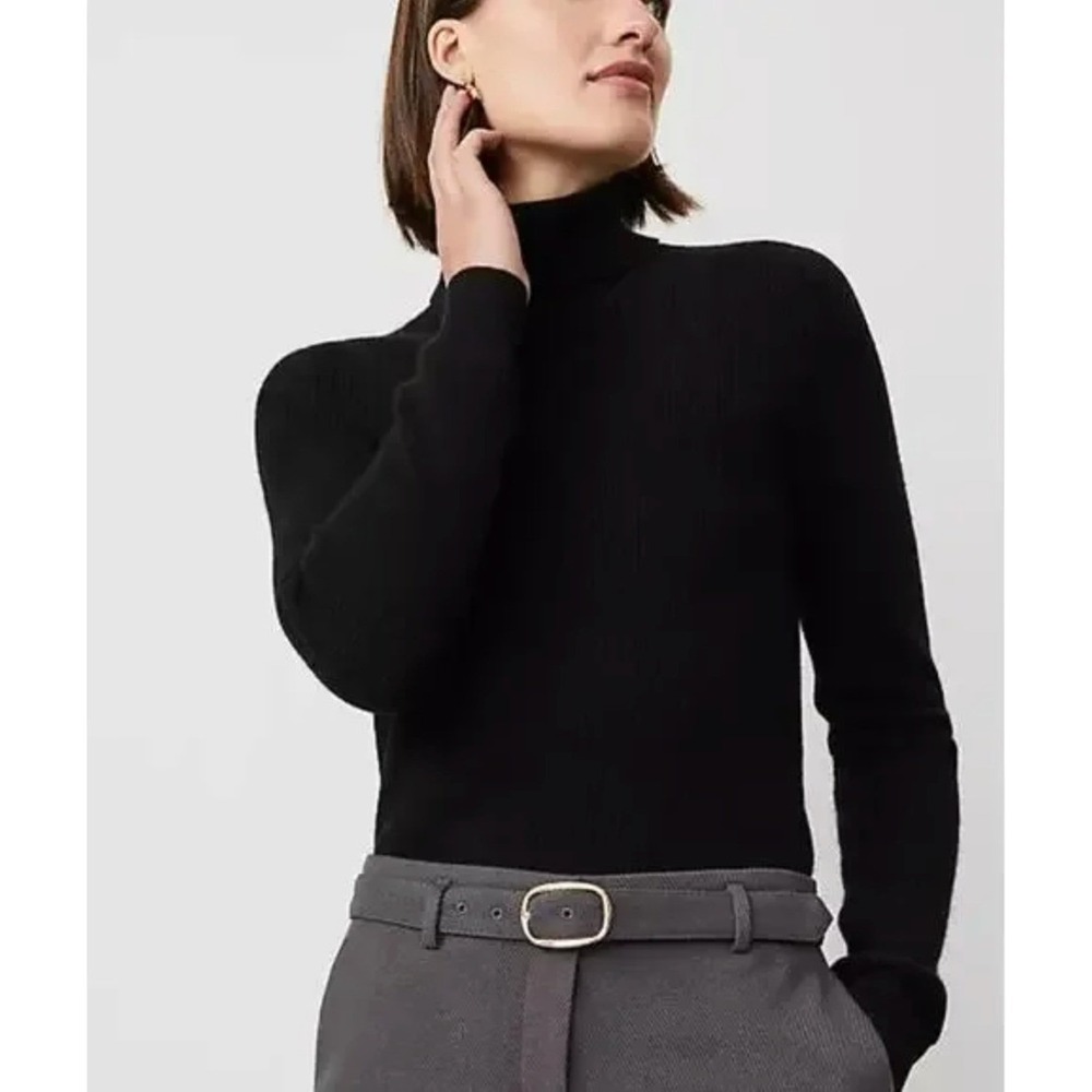 Ann Taylor Womens Cashmere Ribbed‎ Turtleneck Sweater Size XS Black Luxury